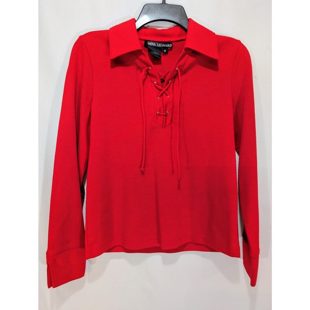 Nina Leonard NWOT‎ Red Lace-Up Collared Knit Top Size Small